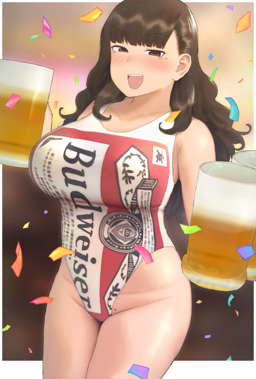 1girl :d alcohol armpit_crease bangs bare_shoulders beer beer_mug blunt_bangs blush border breasts brown_eyes brown_hair budweiser casual_one-piece_swimsuit collarbone commentary_request confetti cowboy_shot cup dot_nose eyebrows_visible_through_hair groin hair_over_shoulder half-closed_eyes highleg highleg_leotard highres large_breasts legs_together leotard long_hair looking_at_viewer mole mole_under_eye mug one-piece_swimsuit open_mouth original outside_border print_swimsuit product_placement ryokucha_michi sleeveless smile solo standing swimsuit thighs tsurime white_border