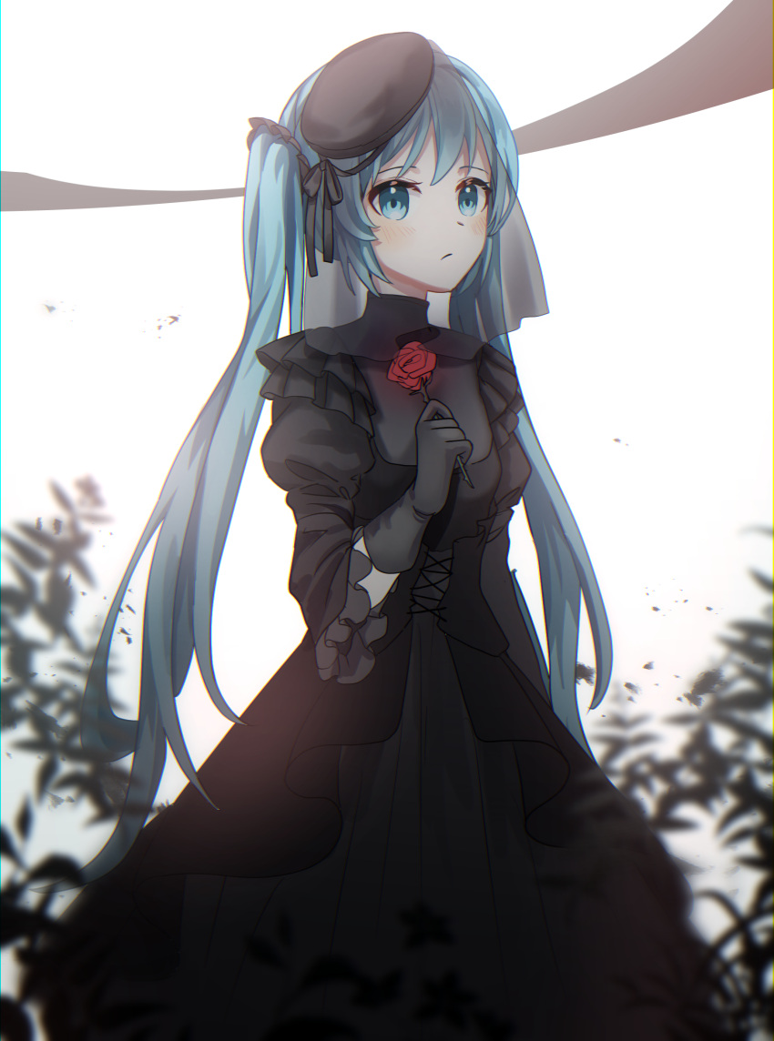 1girl absurdres bangs black_dress black_gloves black_headwear black_ribbon blue_eyes blue_hair blush closed_mouth dress flower gloves hair_ribbon hat hatsune_miku highres holding holding_flower ille_(xcpa7325) long_hair long_sleeves red_flower red_rose ribbon rose solo standing twintails very_long_hair vocaloid