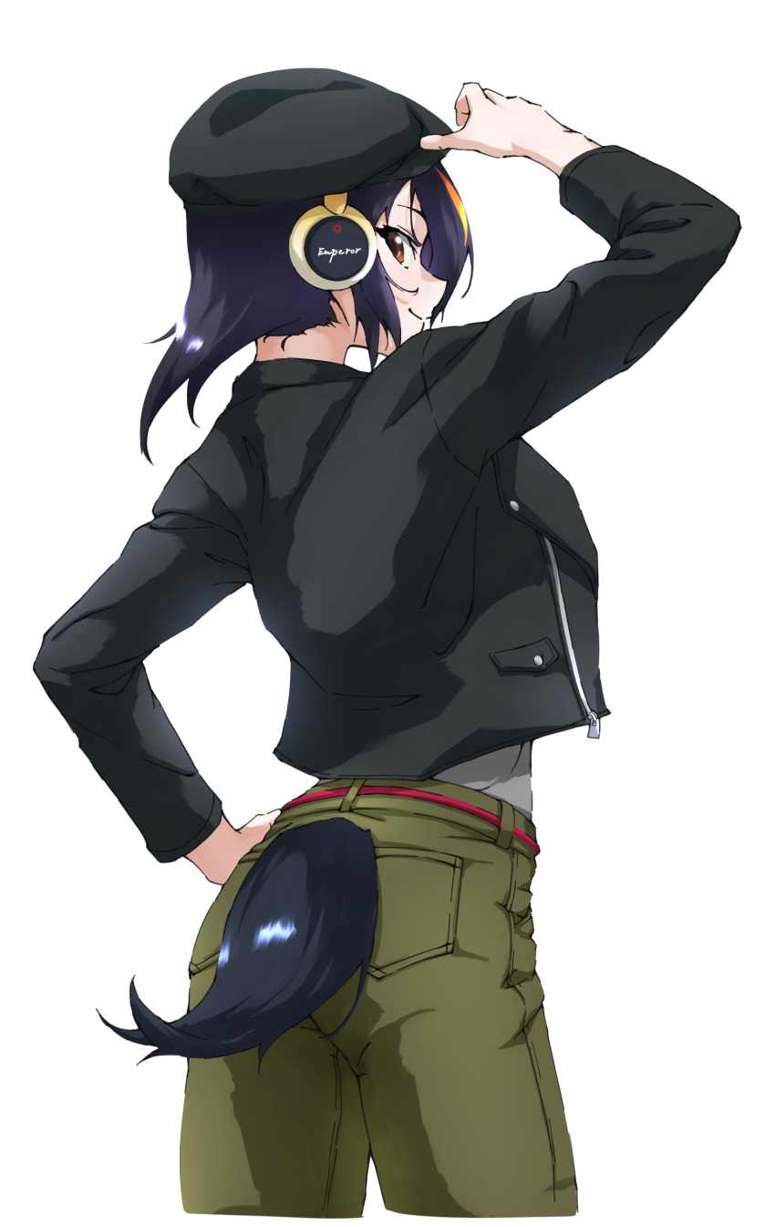 1girl absurdres alternate_costume black_hair brown_eyes emperor_penguin_(kemono_friends) eyebrows_visible_through_hair from_behind green_pants headphones highres kemono_friends long_sleeves looking_at_viewer orange_hair pants short_hair solo tail tanabe_(fueisei)