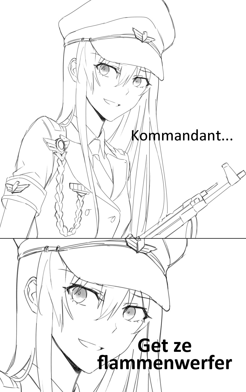 1girl absurdres assault_rifle bangs eyebrows_visible_through_hair girls_frontline greyscale gun hair_between_eyes hat highres holding holding_gun holding_weapon jacket long_hair looking_at_viewer military military_hat military_uniform monochrome necktie open_mouth rifle smile solo stg44 stg44_(girls'_frontline) suprii translation_request uniform upper_body weapon white_background