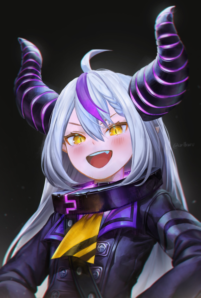 1girl :d absurdres ahoge artofkuzu ascot bangs black_background black_jacket blush collar commentary demon_horns english_commentary hair_between_eyes highres hololive horns jacket la+_darknesss long_hair long_sleeves metal_collar multicolored_hair pointy_ears purple_hair silver_hair smile solo streaked_hair twitter_username upper_body v-shaped_eyebrows yellow_ascot yellow_eyes
