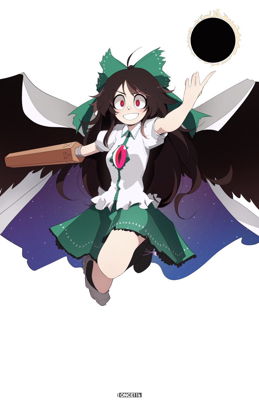 1girl absurdres ahoge arm_cannon artist_logo asymmetrical_bangs asymmetrical_footwear bangs between_breasts black_legwear black_wings blush bow breasts brown_hair cape collared_shirt commission commissioner_upload eyebrows_visible_through_hair feathered_wings flipped_hair frilled_shirt frilled_skirt frills full_body green_bow green_ribbon green_shirt green_skirt hair_bow hair_ornament hair_ribbon highres index_finger_raised kneehighs long_hair looking_at_viewer medium_breasts midair mismatched_footwear multicolored_shirt non-web_source once_11h open_mouth orb outstretched_arms parted_bangs red_eyes reiuji_utsuho ribbon shirt short_sleeves sidelocks simple_background skirt smile solo starry_sky_print straight-on tented_shirt third_eye touhou transparent_background v-shaped_eyebrows very_long_hair weapon white_cape white_shirt wings