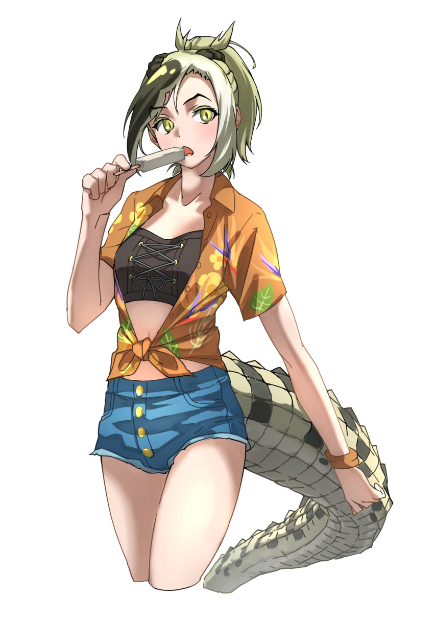 1girl absurdres bracelet cowboy_shot crocodilian_tail cropped_legs denim denim_shorts eyebrows_visible_through_hair food green_eyes green_hair hawaiian_shirt highres jewelry kemono_friends kemono_friends_3 lizard_tail multicolored_hair official_alternate_costume open_clothes open_shirt orange_shirt ponytail popsicle reptile_girl saltwater_crocodile_(kemono_friends) shirt short_shorts short_sleeves shorts solo strapless tail tanabe_(fueisei) tied_shirt tube_top two-tone_hair