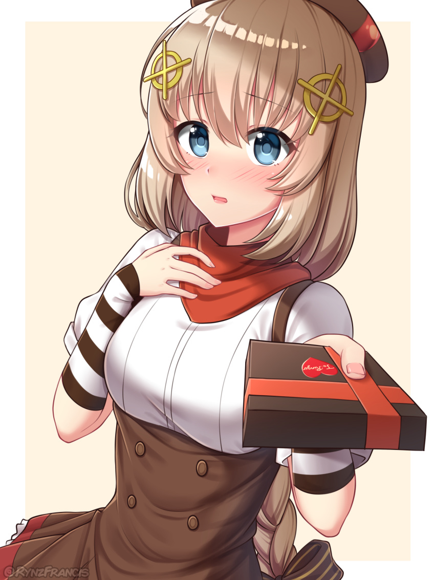 1girl blonde_hair blue_eyes blush breasts eyebrows_visible_through_hair fnc_(girls'_frontline) gift girls_frontline highres holding holding_gift large_breasts lips looking_at_viewer medium_hair parted_lips rynzfrancis solo upper_body
