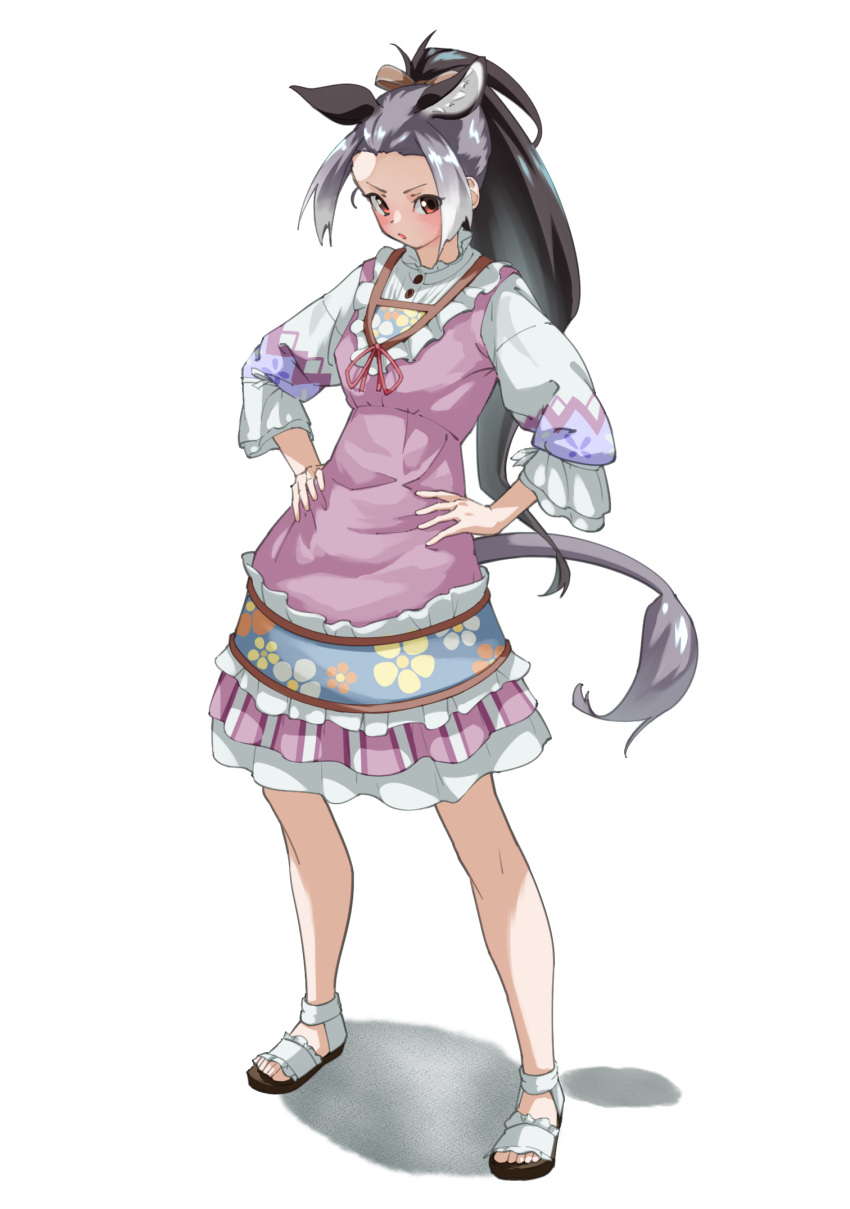 1girl bow brown_bow collar donkey_(kemono_friends) donkey_ears donkey_girl donkey_tail dress extra_ears eyebrows_visible_through_hair floral_print forehead frilled_collar frilled_dress frills full_body grey_hair hair_bow hands_on_hips high_collar highres kemono_friends kemono_friends_3 long_hair looking_at_viewer multicolored_hair official_alternate_costume pink_dress ponytail puffy_sleeves red_eyes sandals solo tanabe_(fueisei) white_footwear white_hair white_sleeves