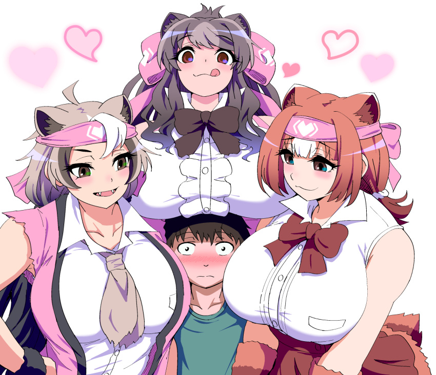 1boy 3girls :q ahoge alternate_breast_size animal_ears bangs bare_shoulders bear_ears bear_girl bergman's_bear_(kemono_friends) black_hair blush bow bowtie breast_rest breasts breasts_on_head brown_eyes brown_hair closed_mouth constricted_pupils empty_eyes extra_ears eyebrows_visible_through_hair ezo_brown_bear_(kemono_friends) fangs fur_bracelet furrowed_brow grey_hair hair_bow hair_ornament hair_scrunchie hand_on_hip headband heart height_difference hetero highres huge_breasts kemono_friends kodiak_bear_(kemono_friends) licking_lips long_hair looking_at_another mamiyama multicolored_hair multiple_girls nose_blush open_mouth scrunchie shirt short_hair sidelocks sleeveless sleeveless_shirt smile tongue tongue_out torn_clothes torn_sleeves very_long_hair vest white_hair you_gonna_get_raped