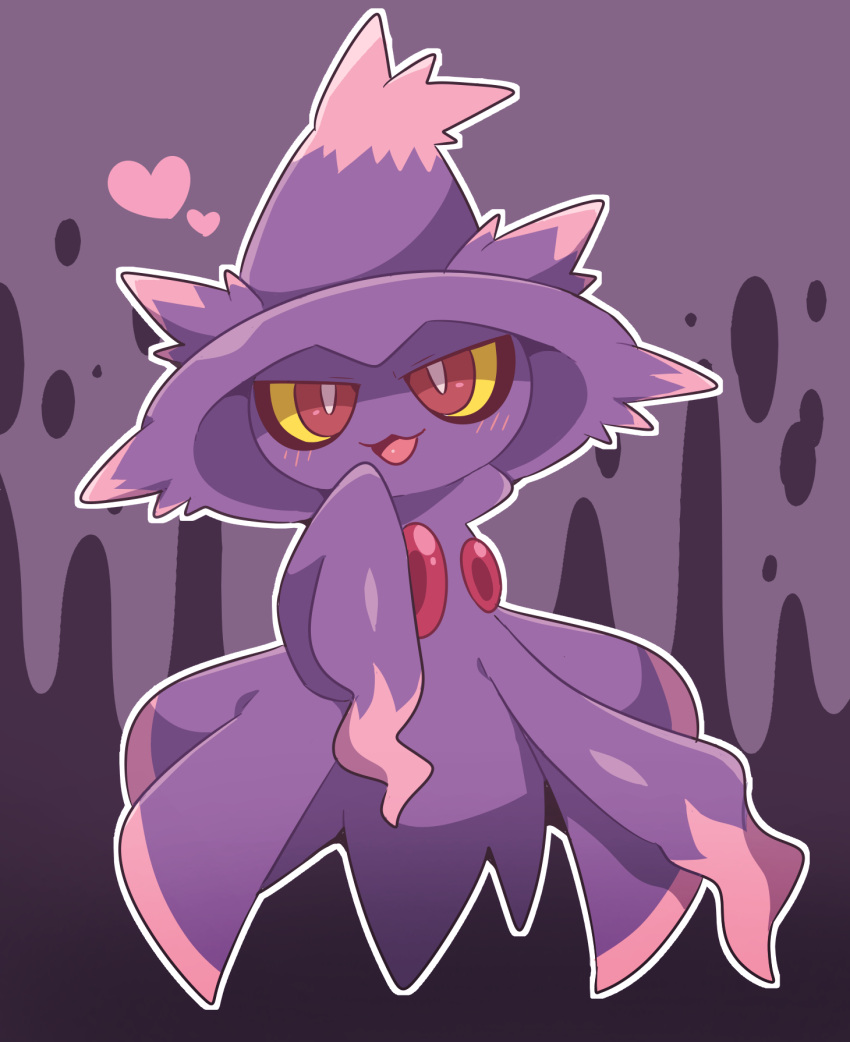 :3 blush bright_pupils colored_sclera commentary_request full_body ghost hand_up happy heart highres light_blush looking_at_viewer mismagius no_humans open_mouth outline partial_commentary pokemon pokemon_(creature) purple_background purple_theme red_eyes smile solo straight-on subaru331 two-tone_background white_outline white_pupils yellow_sclera