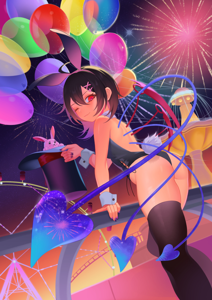 1girl aerial_fireworks ahoge alternate_costume animal_ears arm_support ass asymmetrical_wings balloon bangs black_hair black_legwear black_leotard blue_wings blush closed_mouth collar commentary_request detached_collar dutch_angle fake_animal_ears fake_tail feet_out_of_frame fireworks fountain hair_between_eyes hair_ornament hat hat_removed headwear_removed highres holding holding_clothes holding_hat houjuu_nue leotard looking_at_viewer looking_back nail_polish one_eye_closed outdoors playboy_bunny rabbit rabbit_ears rabbit_tail railing recare red_eyes red_wings short_hair smile solo standing strapless strapless_leotard tail thick_thighs thigh-highs thighs top_hat touhou white_collar wings wrist_cuffs x_hair_ornament