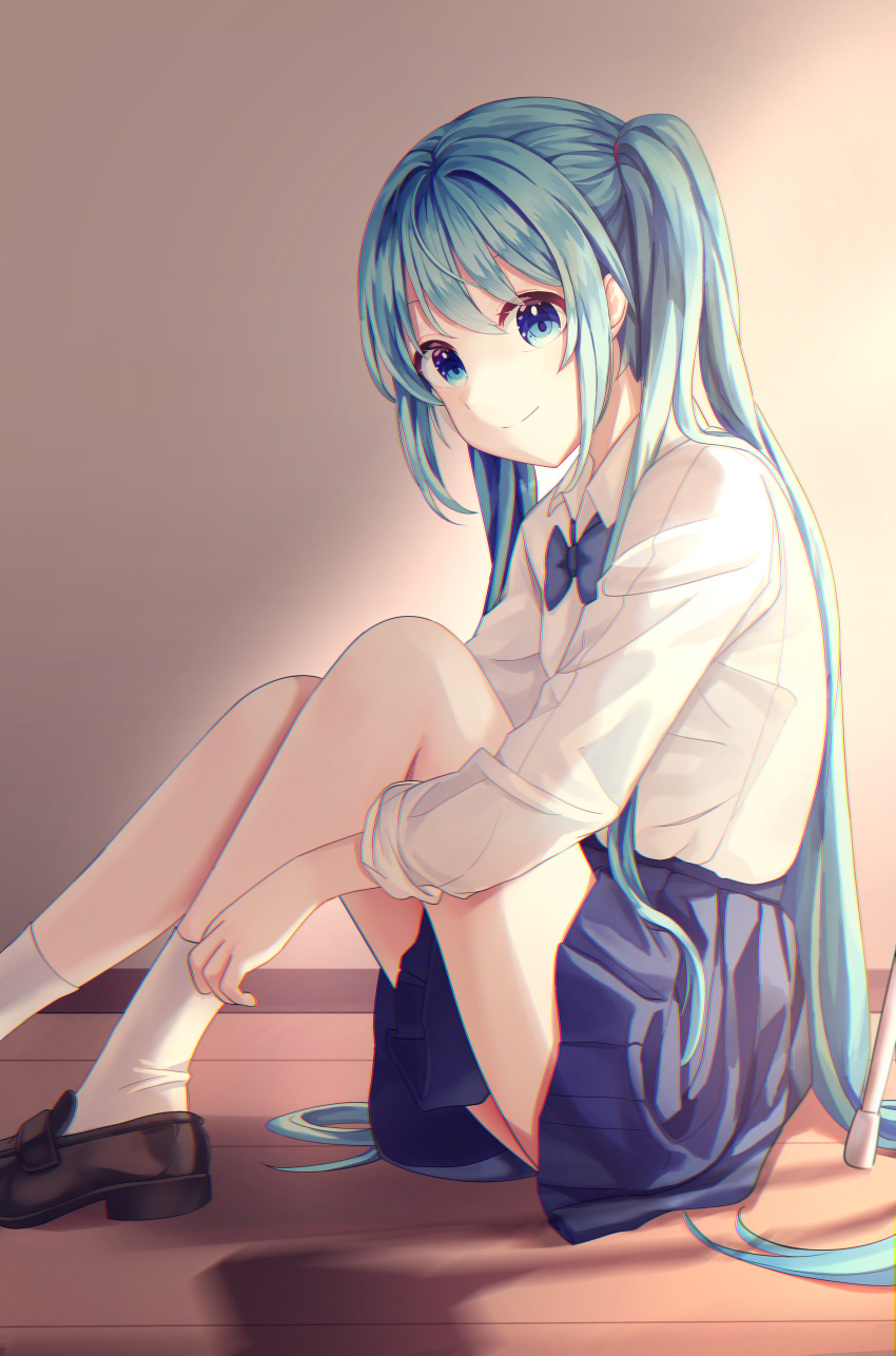 1girl absurdres bangs black_footwear blue_bow blue_bowtie blue_eyes blue_hair blue_skirt bow bowtie closed_mouth collared_shirt from_side hatsune_miku highres ille_(xcpa7325) long_hair miniskirt pleated_skirt school_uniform shirt sitting skirt smile socks solo twintails very_long_hair vocaloid white_legwear white_shirt wing_collar wooden_floor