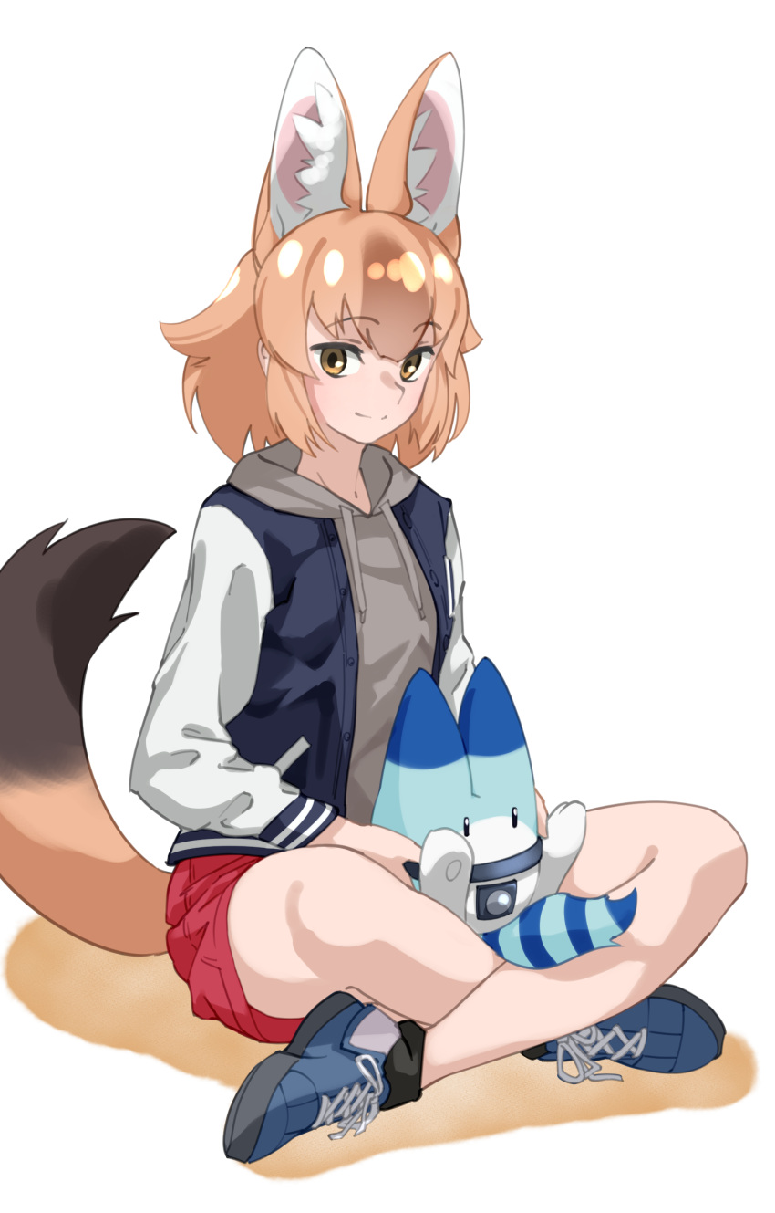 1girl absurdres animal_ear_fluff animal_ears brown_eyes brown_hair cross-laced_footwear dhole_(kemono_friends) drawstring extra_ears eyebrows_visible_through_hair full_body grey_hoodie highres hood hood_down hoodie indian_style jacket kemono_friends long_sleeves looking_at_viewer lucky_beast_(kemono_friends) medium_hair open_clothes open_jacket shoes simple_background sitting smile sneakers solo tail tanabe_(fueisei) white_background