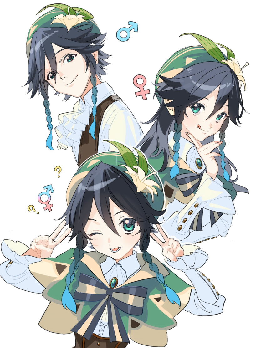 1boy 1girl 1other ? aqua_eyes beret black_hair braid brooch brown_corset buttons cape closed_mouth collared_shirt commentary corset double_v eyebrows_visible_through_hair flower genderswap genderswap_(mtf) genshin_impact gradient_hair green_brooch green_cape green_headwear hair_between_eyes hat hat_flower highres jewelry long_sleeves looking_at_viewer lower_teeth mars_symbol medium_hair moai_on multicolored_hair one_eye_closed open_mouth shirt short_hair_with_long_locks teeth tongue tongue_out twin_braids upper_body v venti_(genshin_impact) venus_symbol white_background white_flower white_shirt