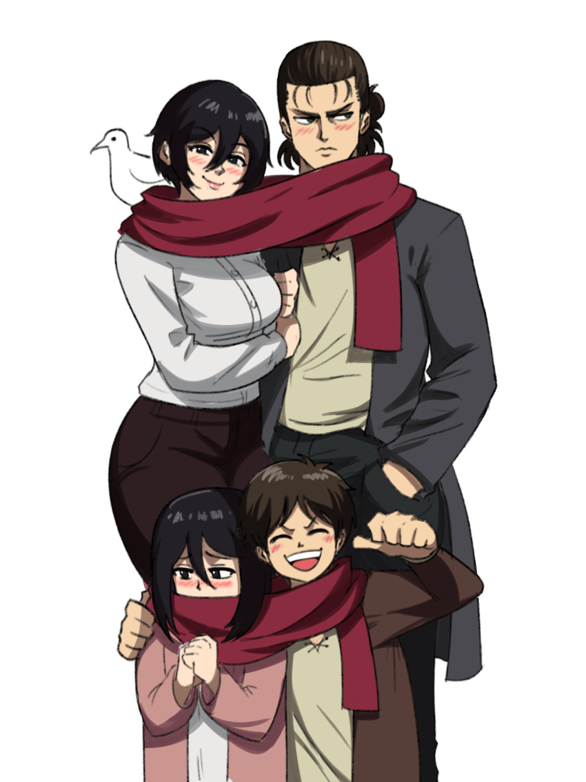 2boys 2girls :d ^_^ bird black_eyes black_hair blush breasts brown_hair child closed_eyes closed_mouth dual_persona eren_yeager hair_between_eyes hand_in_pocket highres jacket looking_at_viewer looking_to_the_side mikasa_ackerman multiple_boys multiple_girls open_mouth own_hands_together pants red_scarf scarf scarf_over_mouth shared_scarf shingeki_no_kyojin shirt short_hair simple_background smile tina_fate white_background