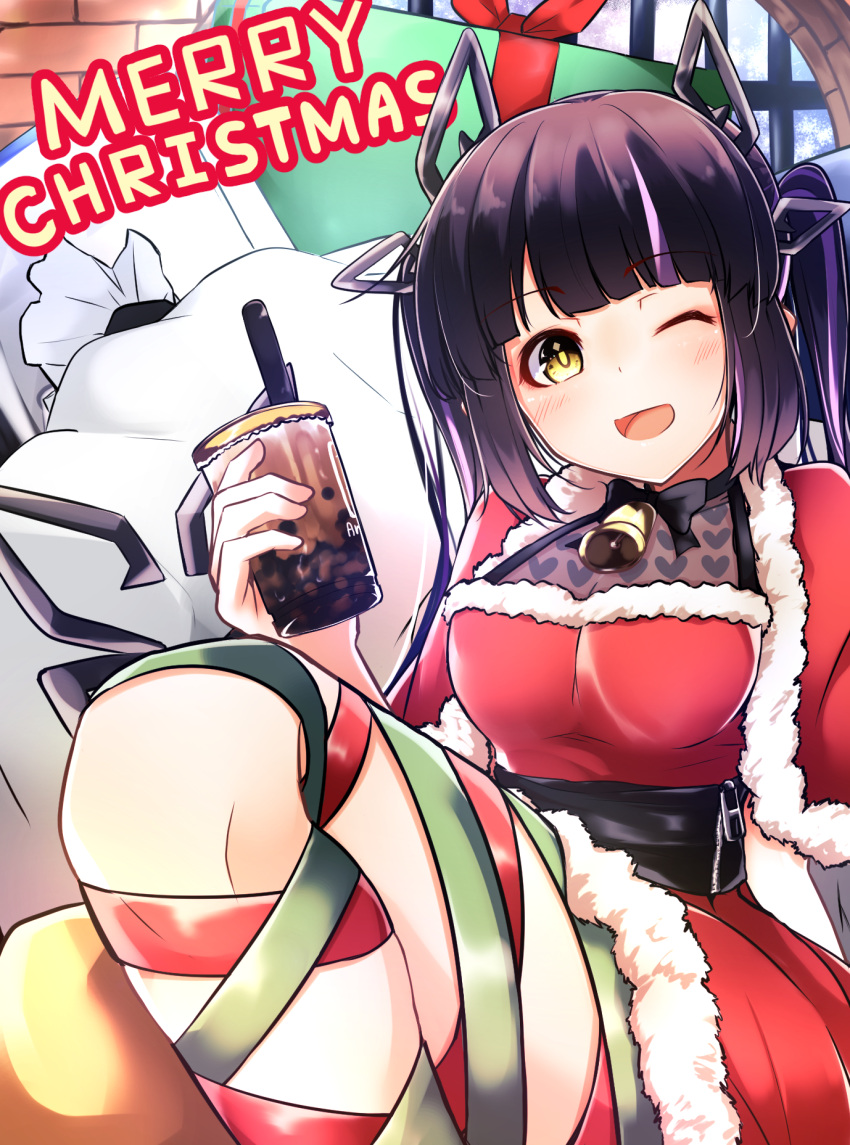 1girl alternate_costume bangs bell black_bow black_bowtie black_hair black_shirt blunt_bangs blush bow bowtie breasts bubble_tea christmas coat commentary_request cup dameyoshi demon_girl demon_horns demon_tail eyebrows_visible_through_hair feet_out_of_frame gift heart heart_print highres holding holding_cup horns indoors kojo_anna long_hair looking_at_viewer medium_breasts merry_christmas multicolored_hair neck_bell one_eye_closed open_mouth pointy_ears print_shirt purple_hair red_coat sack santa_costume see-through_shirt shirt smile solo sugar_lyric tail twintails two-tone_hair virtual_youtuber yellow_eyes