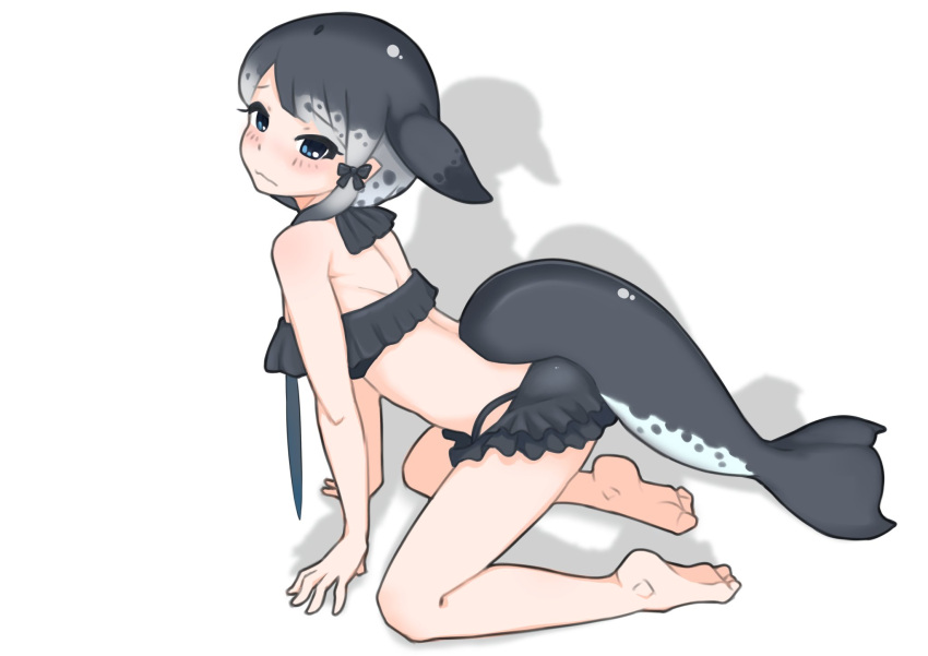 1girl alternate_costume bare_arms bare_legs bare_shoulders barefoot bikini blowhole blue_eyes blush bow commentary_request dolphin_girl dolphin_tail eyebrows_visible_through_hair frilled_bikini frills grey_hair grey_swimsuit hair_bow highres illu kemono_friends kneeling multicolored_hair narwhal_(kemono_friends) short_hair_with_long_locks sidelocks solo swimsuit tail wavy_mouth