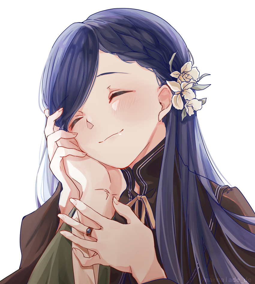 1girl :3 absurdres black_shirt blue_hair blush braid closed_eyes closed_mouth flower hair_flower hair_ornament hand_on_another's_cheek hand_on_another's_face highres honzuki_no_gekokujou jewelry long_hair long_sleeves maine_(honzuki_no_gekokujou) marmalade_(7591468) neck_ribbon ribbon ring shirt simple_background smile solo_focus twitter_username white_background white_flower yellow_ribbon