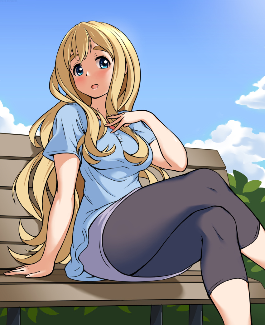 1girl arm_support bench black_pants blonde_hair blue_eyes blue_sky blush breasts bush capri_pants clouds crossed_legs eyebrows hand_on_own_chest highres k-on! kotobuki_tsumugi long_hair medium_breasts pants park_bench skirt sky smile solace solo thick_eyebrows thighs