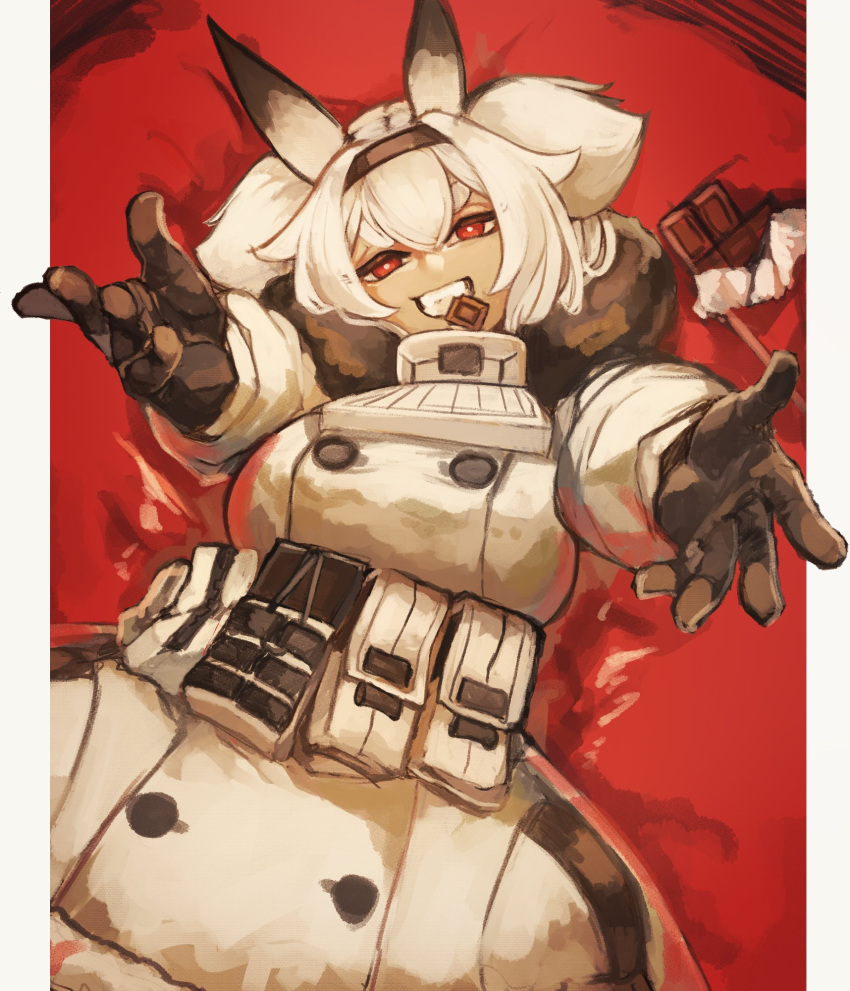1girl alvis_(last_origin) bangs black_gloves breasts candy candy_bar chocolate chocolate_bar food fur_jacket gloves grin hair_between_eyes highres jacket large_breasts larribee last_origin looking_at_viewer mouth_hold outstretched_arms red_eyes smile solo two_side_up white_hair