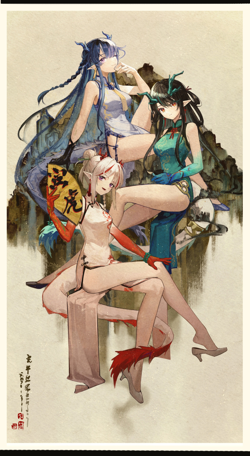 3girls :d ;) absurdres alternate_hairstyle arknights bare_legs bare_shoulders black_footwear black_gloves black_hair blue_hair blue_skin border braid breasts brown_background chinese_commentary closed_mouth colored_skin commentary_request covered_navel crossed_legs cup dragon_girl dragon_horns dragon_tail dress dusk_(arknights) dusk_(everything_is_a_miracle)_(arknights) earrings folding_fan full_body gloves gradient_skin green_dress green_hair hair_bun hand_fan high_heels highres holding holding_cup holding_fan horns jewelry knee_up large_breasts leg_tattoo ling_(arknights) long_hair looking_at_viewer medium_breasts multicolored_hair multiple_girls nian_(arknights) nian_(unfettered_freedom)_(arknights) official_alternate_costume one_eye_closed open_mouth pelvic_curtain pointy_ears red_eyes red_skin redhead shoe_dangle short_hair siblings silver_hair single_glove sisters sitting sleeveless sleeveless_dress smile streaked_hair tail tattoo two-tone_hair very_long_hair violet_eyes weibo_logo white_border white_dress white_footwear white_hair yanyebuhuihuahua