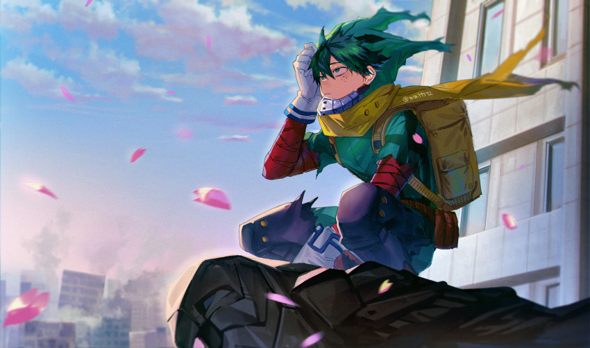 1boy animal_ears animal_hood arm_between_legs backpack bag bangs belt belt_pouch bird blue_sky boku_no_hero_academia building cityscape clouds fake_animal_ears freckles gloves green_eyes green_hair green_jumpsuit hair_blowing highres hood jumpsuit knee_pads leaves_in_wind looking_afar male_focus mask mask_around_neck mask_removed midoriya_izuku mm39572 mouth_mask outdoors pouch rabbit_ears red_footwear scarf scratching_head shin_guards short_hair sky skyline skyscraper solo squatting superhero torn_clothes twitter_username white_gloves wind window
