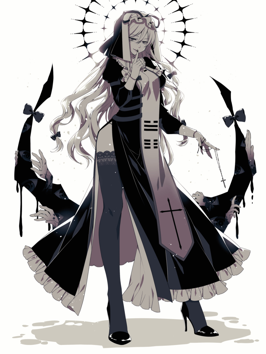 1girl alternate_costume backlighting bangs black_dress black_nails blood bow breasts closed_mouth collar commentary_request cross cross_necklace cross_print dress extra_eyes eyebrows_visible_through_hair finger_to_mouth fingernails frilled_collar frills full_body gap_(touhou) greyscale hair_between_eyes hair_bow hair_ribbon half-closed_eyes halo head_tilt high_heels highres jewelry juliet_sleeves kirisita lace-trimmed_legwear lace_trim large_breasts light_particles long_hair long_sleeves looking_at_viewer monochrome multiple_hands necklace nun pale_skin petticoat puffy_long_sleeves puffy_sleeves reaching ribbon sharp_fingernails shiny shiny_hair shushing side_slit simple_background solo tabard thigh-highs thong touhou trigram veil very_long_hair white_background yakumo_yukari