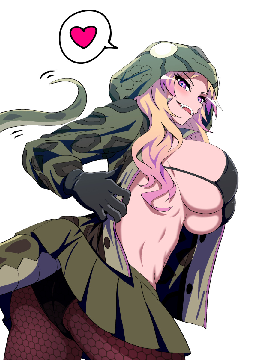 1girl african_rock_python_(kemono_friends) alternate_breast_size ass bikini bikini_under_clothes black_bikini black_gloves blonde_hair blush breasts brown_legwear buttons cowboy_shot expressive_tail fangs fishnet_legwear fishnets gloves green_skirt heart highres hood hood_up hooded_jacket huge_breasts jacket kemono_friends long_hair long_sleeves looking_at_viewer mamiyama microskirt multicolored_hair open_clothes open_jacket open_mouth pantyhose pleated_skirt print_jacket purple_hair seductive_smile simple_background skindentation skirt smile snake_print snake_tail solo spoken_heart stomach swimsuit tail teeth toned twisted_torso two-tone_hair unbuttoned under_boob undressing upper_teeth violet_eyes white_background