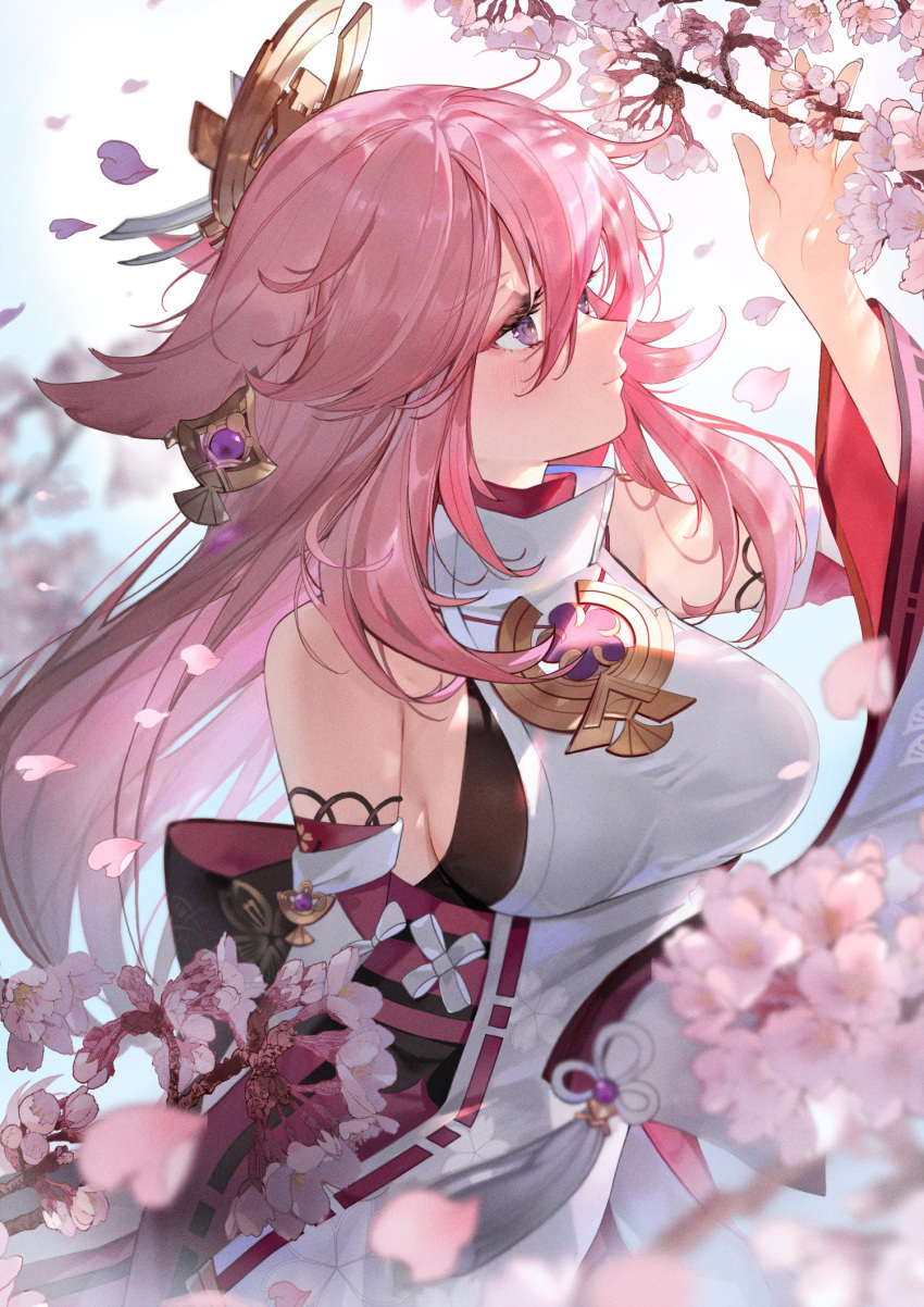1girl animal_ears black_bow blurry blurry_foreground blush bow branch breasts cherry_blossoms closed_mouth commentary detached_sleeves earrings eyebrows_visible_through_hair eyelashes flower_knot fox_ears from_side genshin_impact hair_between_eyes headpiece highres japanese_clothes jewelry long_hair medium_breasts miko necklace petals pink_hair profile sideboob siohanabi smile solo tassel upper_body violet_eyes wide_sleeves wind yae_miko