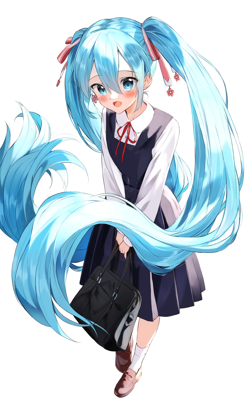 1girl :d absurdres aqua_eyes bag bangs blue_hair blush commentary_request dress full_body hair_between_eyes hair_ribbon hatsune_miku highres long_hair long_sleeves looking_at_viewer neck_ribbon open_mouth pentagon_(railgun_ky1206) pinafore_dress pleated_dress red_footwear red_ribbon ribbon school_uniform shirt shoes simple_background skirt smile solo twintails very_long_hair vocaloid white_background white_shirt