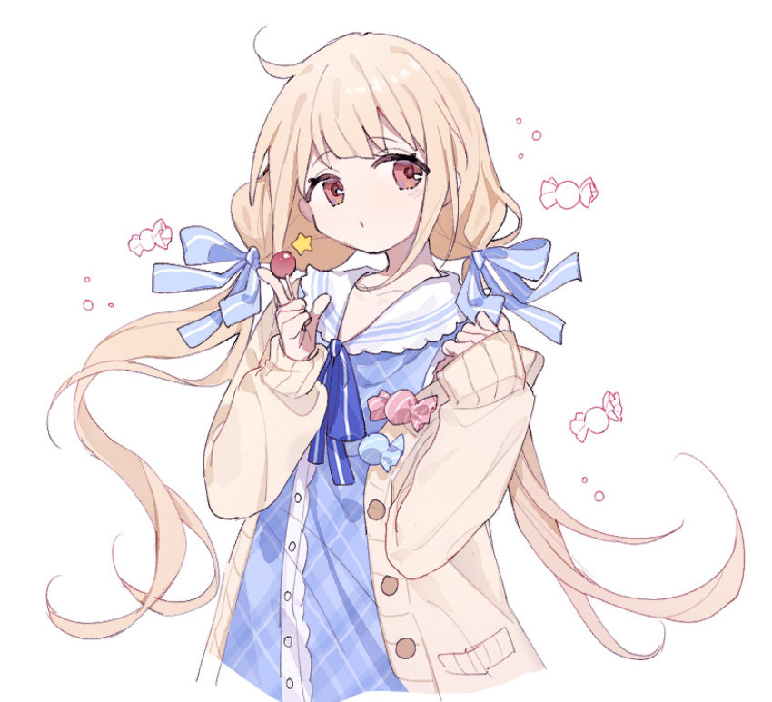 1girl ame_ame bangs blonde_hair blue_dress candy cardigan closed_mouth collar dress eyebrows_visible_through_hair food frilled_collar frills futaba_anzu hair_ribbon hand_up highres holding holding_candy holding_food holding_lollipop idolmaster idolmaster_cinderella_girls lollipop long_hair long_sleeves looking_to_the_side low_twintails pink_eyes ribbon solo star_(symbol) twintails white_background