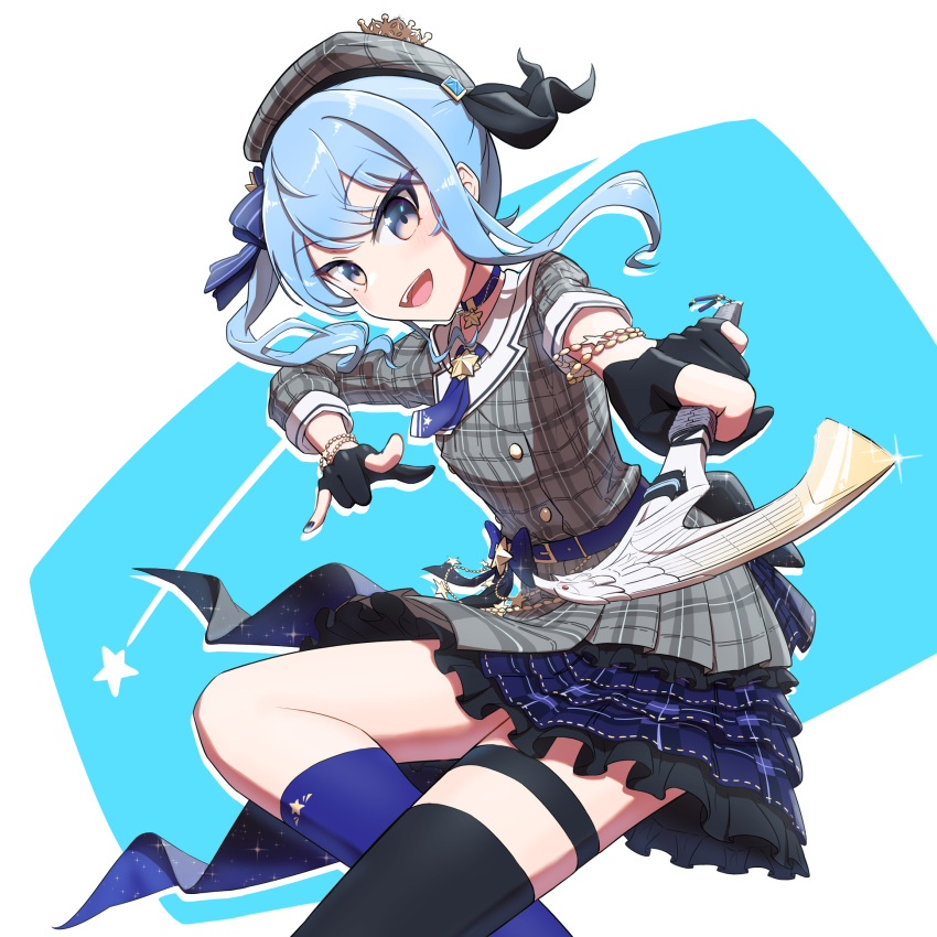 1girl \m/ apex_legends axe beret black_gloves blue_bow blue_eyes blue_hair bow dress eyebrows_visible_through_hair flat_chest gloves grey_dress grey_headwear hair_behind_ear hair_bow hat head_tilt highres holding holding_axe hololive hoshimachi_suisei open_mouth partially_fingerless_gloves plaid plaid_dress plaid_headwear raven's_bite single_thighhigh smile solo thigh-highs thigh_strap virtual_youtuber xi_pu
