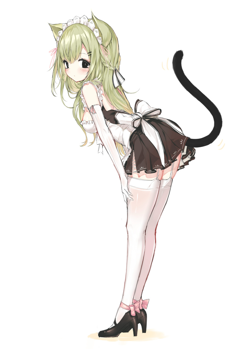 1girl absurdres animal_ears back_bow bangs black_dress black_eyes black_footwear blush bow breasts cat_ears cat_girl cat_tail closed_mouth colored_shadow commentary dress elbow_gloves eyebrows_visible_through_hair full_body garter_straps gloves green_hair hair_ornament hairclip high_heels highres leaning_forward long_hair looking_at_viewer looking_to_the_side medium_breasts original pink_bow pleated_dress shadow shoes simple_background solo standing tail tail_raised thigh-highs very_long_hair white_background white_bow white_gloves white_legwear yuui_hutabakirage