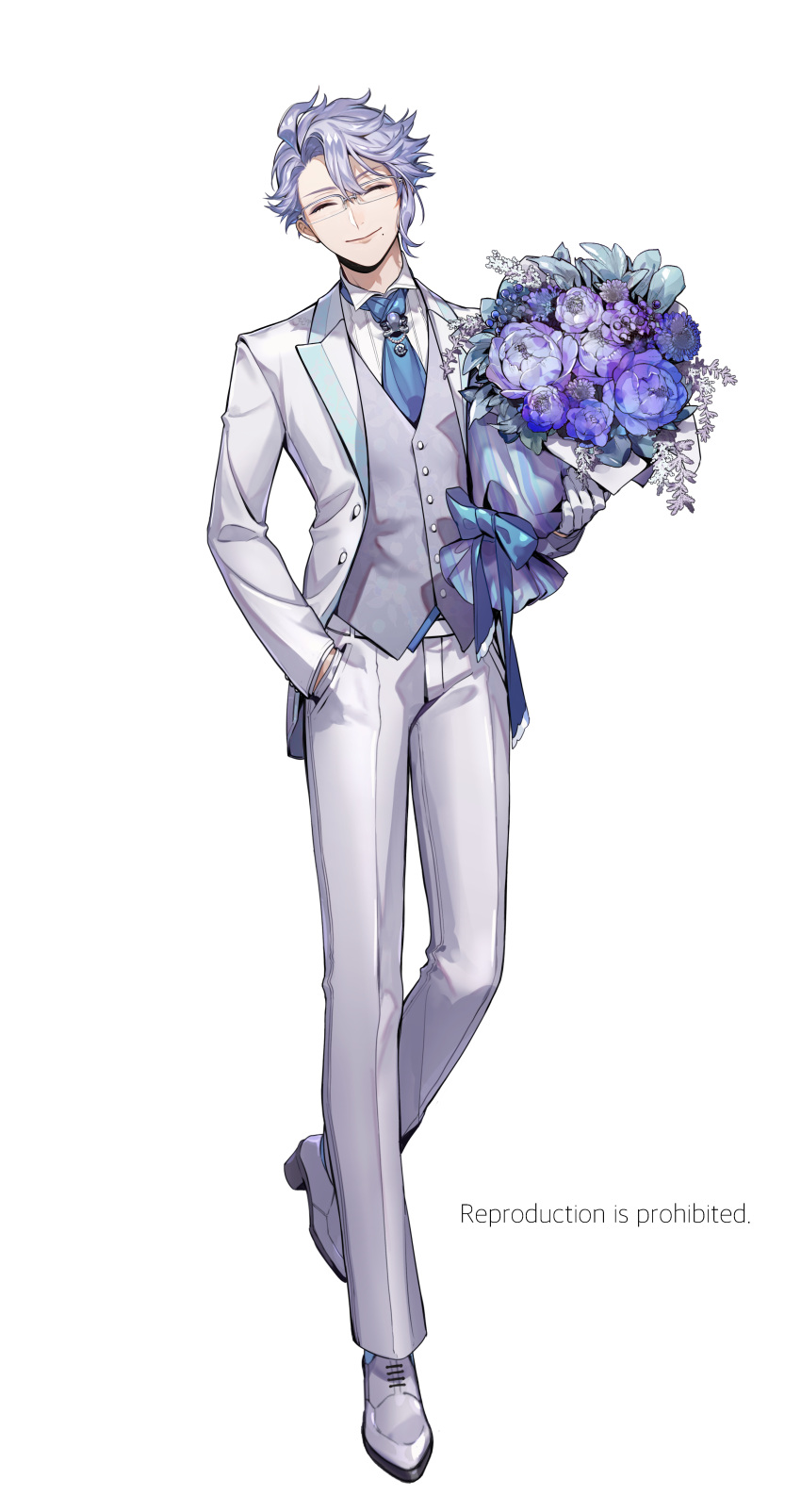 1boy absurdres azul_ashengrotto bangs bespectacled blue_necktie blue_ribbon bouquet brooch closed_eyes collared_shirt dress_pants dress_shoes english_text formal full_body glasses gloves hair_between_eyes hand_in_pocket highres holding holding_bouquet jacket jewelry light_purple_hair male_focus mole mole_under_mouth necktie octopus official_style pants pearl_(gemstone) pendant pleated_pants pointed_footwear ribbon seashell shell shirt short_hair signature simple_background single_sidelock smile solo standing standing_on_one_leg suit suit_jacket swept_bangs twisted_wonderland user_egdy2875 waistcoat white_background white_gloves white_jacket white_pants white_shirt wing_collar