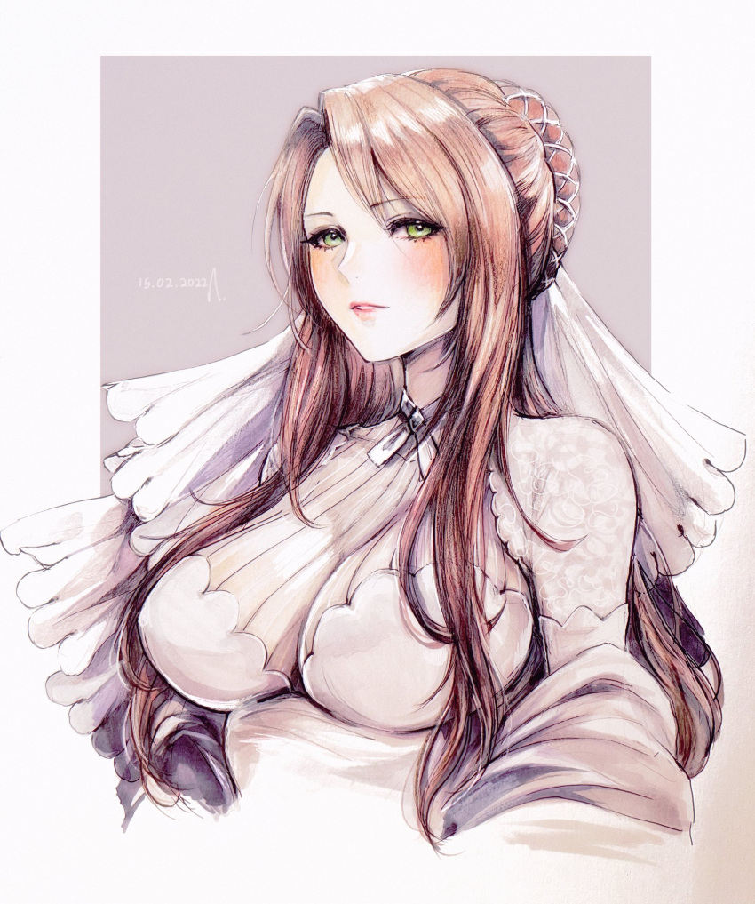 1girl blush breasts brown_eyes brown_hair covered_nipples dated dress eyebrows_visible_through_hair girls_frontline green_eyes grey_jacket half-closed_eyes highres jacket large_breasts lee-enfield_(girls'_frontline) lee-enfield_(lifelong_protector)_(girls'_frontline) long_hair looking_at_viewer nvalkyrja off_shoulder official_alternate_costume parted_lips solo upper_body wedding_dress