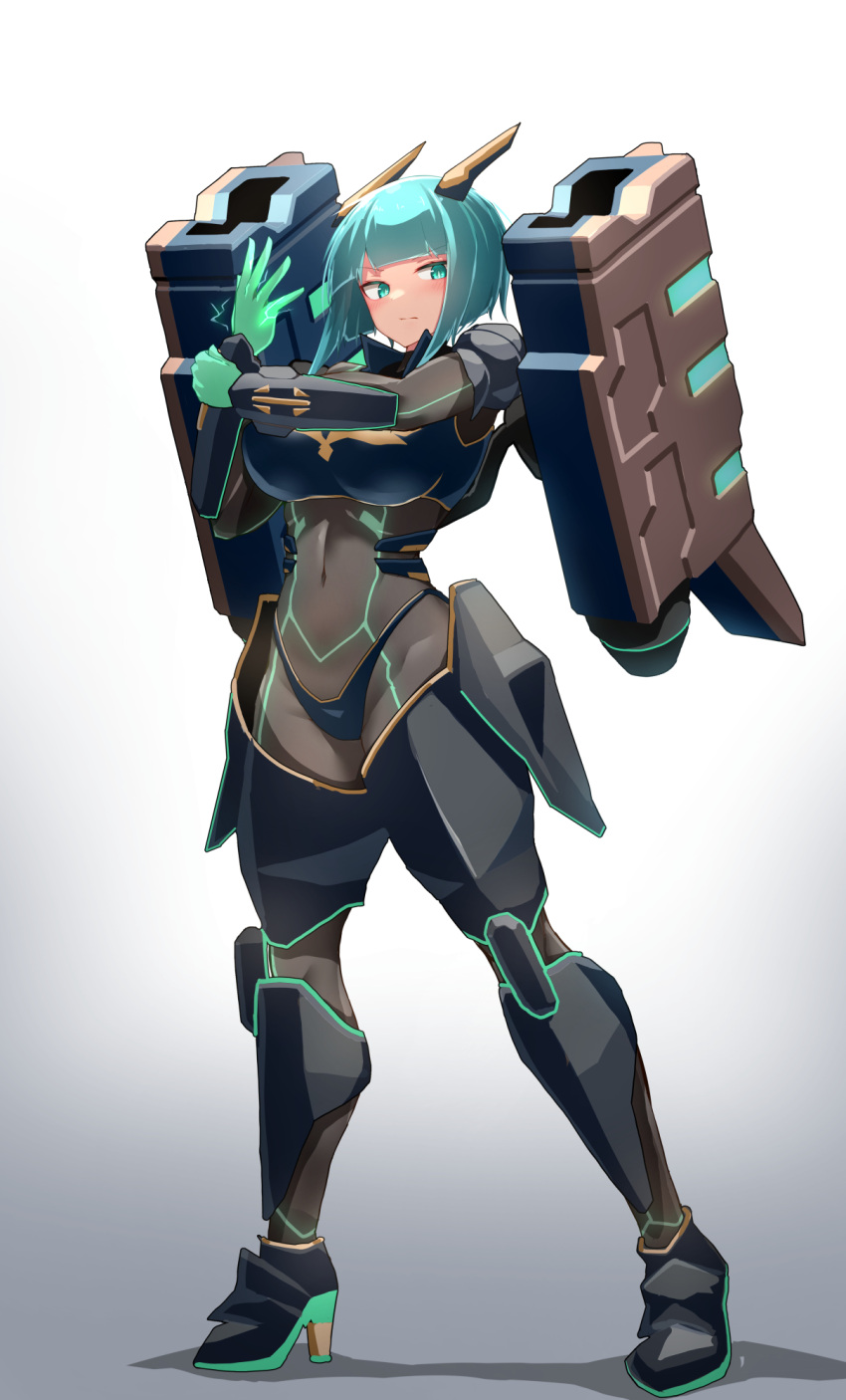 1girl armor bob_cut bodysuit breasts covered_navel green_eyes green_hair headgear high_heels highres large_breasts looking_at_viewer one_step_from_eden panties reva short_hair skin_tight solo tylwing underwear