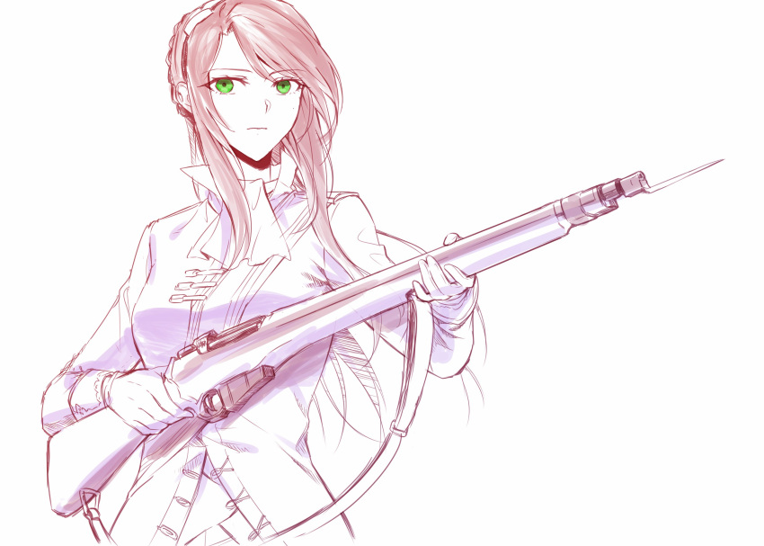 1girl bangs battle_rifle bayonet breasts brown_hair closed_mouth eyebrows_visible_through_hair girls_frontline green_eyes greyscale gun hair_ornament highres holding holding_gun holding_weapon jacket lee-enfield lee-enfield_(girls'_frontline) long_hair looking_at_viewer monochrome rifle solo standing suprii uniform weapon white_background