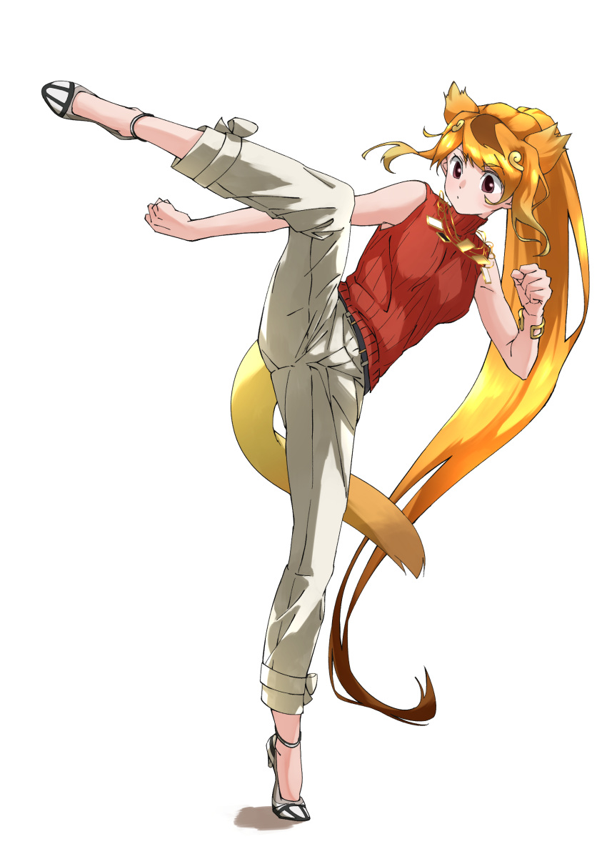1girl absurdres alternate_costume animal_ears anklet bare_shoulders blonde_hair bracelet brown_eyes capri_pants casual circlet eyebrows_visible_through_hair full_body golden_snub-nosed_monkey_(kemono_friends) high_heels high_kick highres jewelry kemono_friends kemono_friends_3 kicking long_hair martial_arts monkey_ears monkey_girl monkey_tail multicolored_hair necklace official_alternate_costume orange_hair pants ponytail red_sweater sleeveless solo sweater sweater_vest tail tanabe_(fueisei) turtleneck turtleneck_sweater white_pants