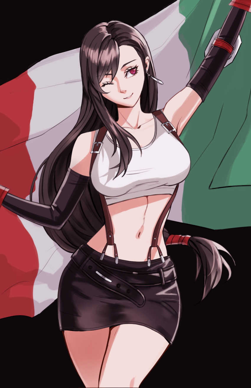 1girl arms_up black_background black_hair black_skirt breasts cowboy_shot crop_top earrings feet_out_of_frame female final_fantasy final_fantasy_vii hands_out_of_frame highres ira_town italian_flag italian_senate_porn_livestream jewelry long_hair low-tied_long_hair medium_breasts midriff miniskirt navel one_eye_closed shadow simple_background skirt sleeveless smile solo suspender_skirt suspenders tank_top tifa_lockhart very_long_hair white_tank_top