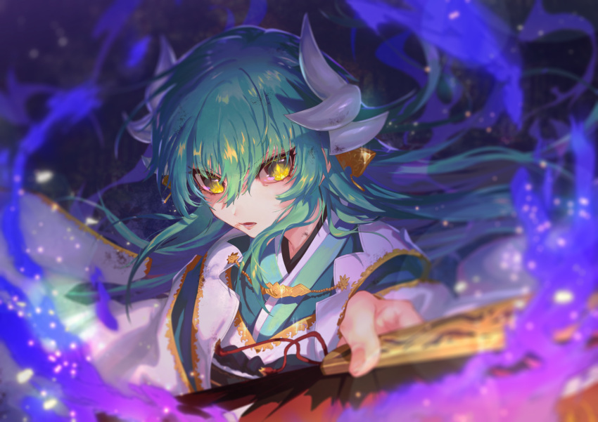 1girl aqua_hair bangs blue_fire dragon_girl dragon_horns eyebrows_visible_through_hair fate/grand_order fate_(series) fire hair_between_eyes hand_fan highres horns japanese_clothes kimono kiyohime_(fate) long_hair looking_at_viewer nijimaarc paper_fan purple_fire serious solo type-moon upper_body very_long_hair yellow_eyes