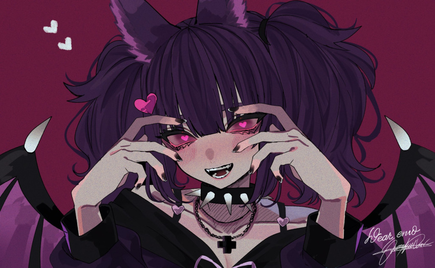 1girl animal_ears bat_ears bat_girl bat_wings collar cross emo_shimo hair_ornament heart heart-shaped_pupils heart_hair_ornament highres looking_at_viewer pale_skin purple_hair shumaku_owari solo spiked_collar spikes symbol-shaped_pupils twintails vdonburi violet_eyes virtual_youtuber wings