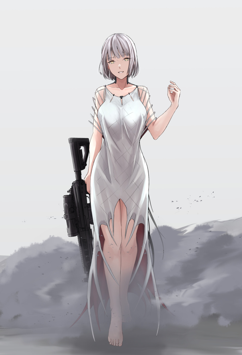 1girl absurdres alternate_costume barefoot breasts collarbone cyka full_body girls_frontline gun highres holding holding_gun holding_weapon large_breasts paradeus rpk-16_(girls'_frontline) short_hair silver_hair solo walking weapon white_robe yellow_eyes