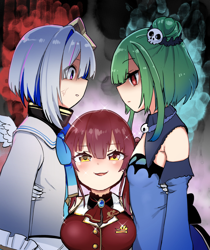 3girls :d absurdres amane_kanata angel_wings anger_vein angry aomushi_(mushamusha) aura blue_hair breast_conscious breasts commentary_request detached_sleeves empty_eyes eyes_visible_through_hair flat_chest girl_sandwich green_hair hair_bun hair_ornament heterochromia highres hololive houshou_marine large_breasts multicolored_hair multiple_girls open_mouth partial_commentary pink_hair red_eyes redhead sandwiched shaded_face silver_hair skull_hair_ornament small_breasts smile sparkle streaked_hair twintails uruha_rushia violet_eyes virtual_youtuber wings yellow_eyes