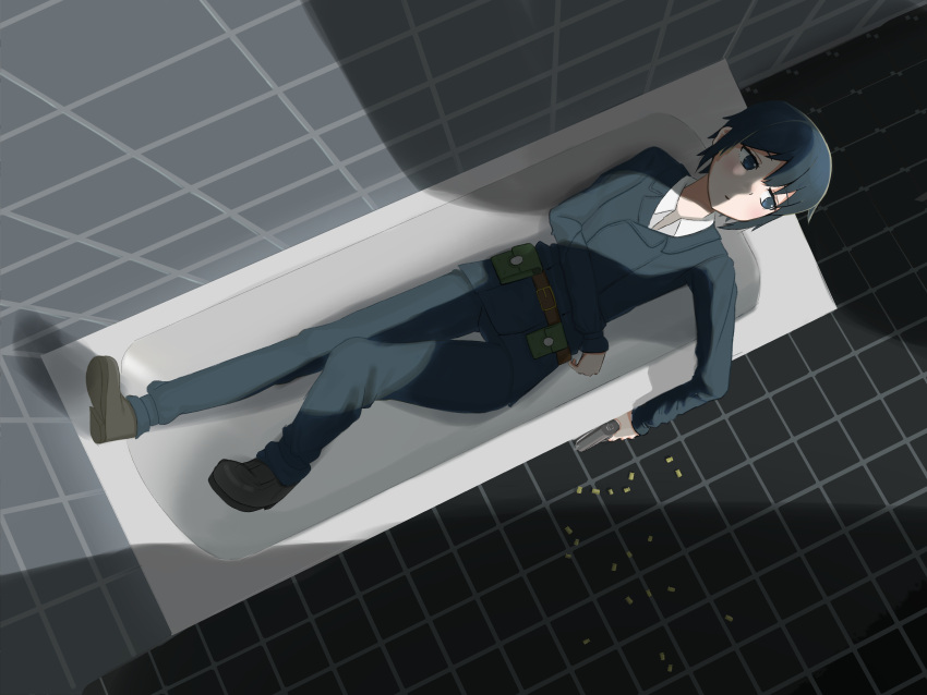 1girl absurdres akts625 androgynous arm_across_waist bathroom bathtub belt belt_buckle belt_pouch blue_eyes boots brown_belt brown_footwear buckle commentary expressionless from_above green_hair green_jacket green_pants gun handgun highres holding holding_weapon jacket kino_(kino_no_tabi) kino_no_tabi knee_up looking_away looking_to_the_side lying on_back pants parted_lips pistol pouch romaji_commentary shadow shell_casing shirt short_hair solo thigh_gap tile_floor tile_wall tiles weapon white_shirt