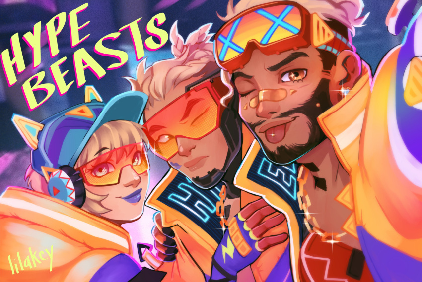 1girl 2boys absurdres apex_legends arm_around_shoulder bandaid bandaid_on_nose blonde_hair blue_eyes blue_gloves blue_headwear cat_ear_headphones chain collarbone cornrows crypto_(apex_legends) dark-skinned_female dark_skin earrings gloves goggles goggles_on_head gold_chain hair_behind_ear hand_on_another's_chest headphones highres hype_beast_crypto jacket jewelry lila_(lilakeylk) lit_witt_mirage mirage_(apex_legends) multiple_boys official_alternate_costume one_eye_closed shiny short_hair smile sunglasses thunder_kitty_wattson tied_hair tongue tongue_out visor_cap wattson_(apex_legends) yellow_jacket