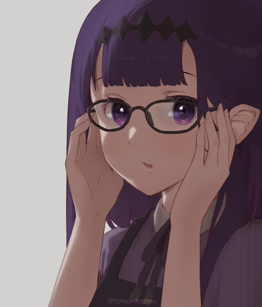 1girl absurdres bangs coke_(cokeandredtea) collared_shirt glasses hair_behind_ear highres holding holding_eyewear hololive hololive_english long_hair looking_at_viewer mole mole_under_eye ninomae_ina'nis pointy_ears portrait purple_hair purple_shirt shirt solo twitter_username violet_eyes virtual_youtuber