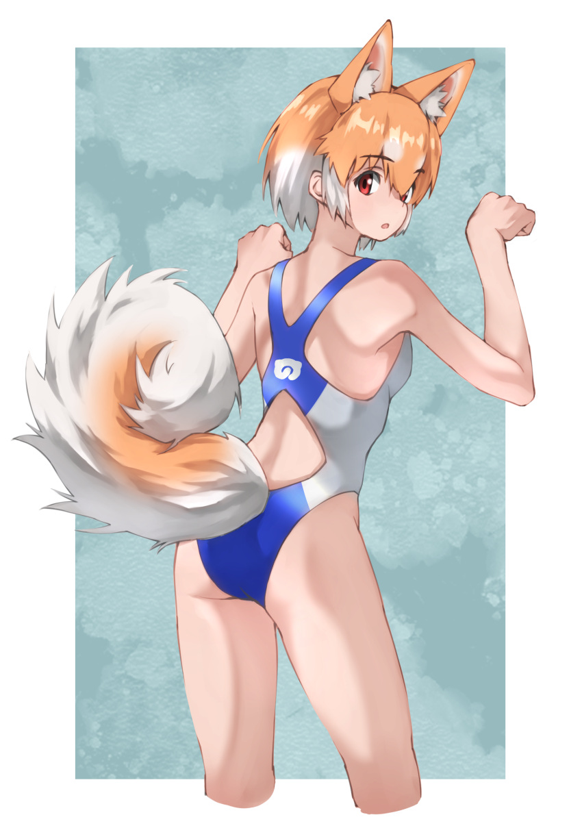 1girl absurdres alternate_costume animal_ears bare_legs bare_shoulders blue_swimsuit competition_swimsuit cowboy_shot dog_(shiba_inu)_(kemono_friends) dog_ears dog_girl dog_tail extra_ears eyebrows_visible_through_hair from_behind highres japari_symbol kemono_friends light_brown_hair looking_at_viewer looking_back multicolored_hair one-piece_swimsuit paw_pose red_eyes short_hair sleeveless solo swimsuit tail tanabe_(fueisei) two-tone_hair two-tone_swimsuit white_hair white_swimsuit