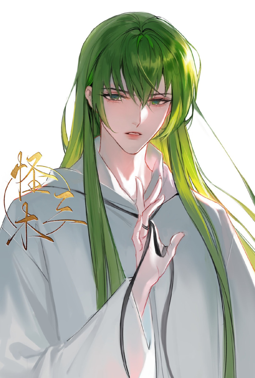 1other ambiguous_gender androgynous bangs chinese_text enkidu_(fate) fate/grand_order fate/strange_fake fate_(series) green_eyes green_hair guaisen hand_up highres light long_hair robe simple_background solo toga type-moon upper_body very_long_hair white_background