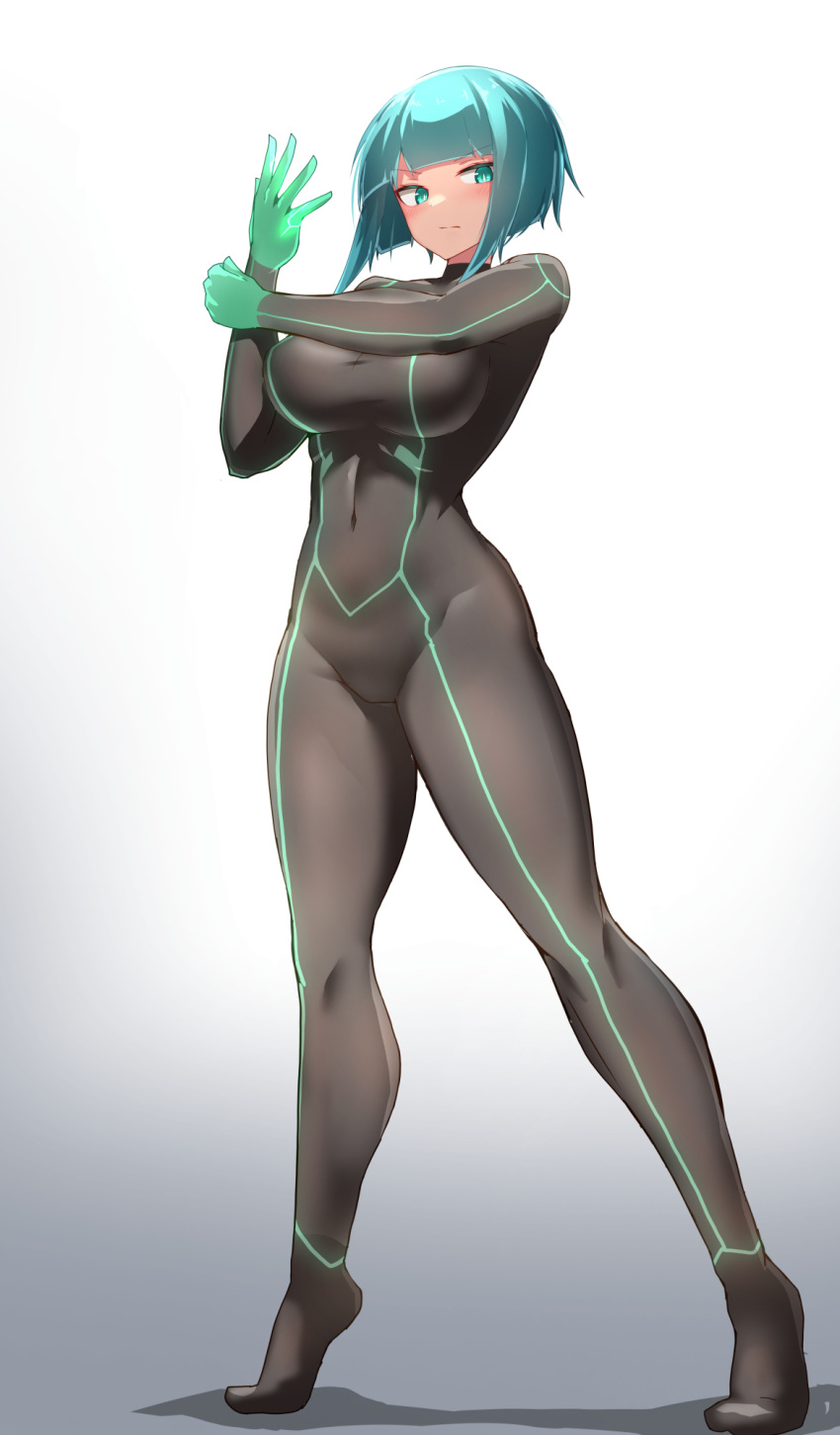 1girl bob_cut bodysuit breasts covered_navel green_eyes green_hair highres large_breasts looking_at_viewer one_step_from_eden reva short_hair skin_tight solo tylwing