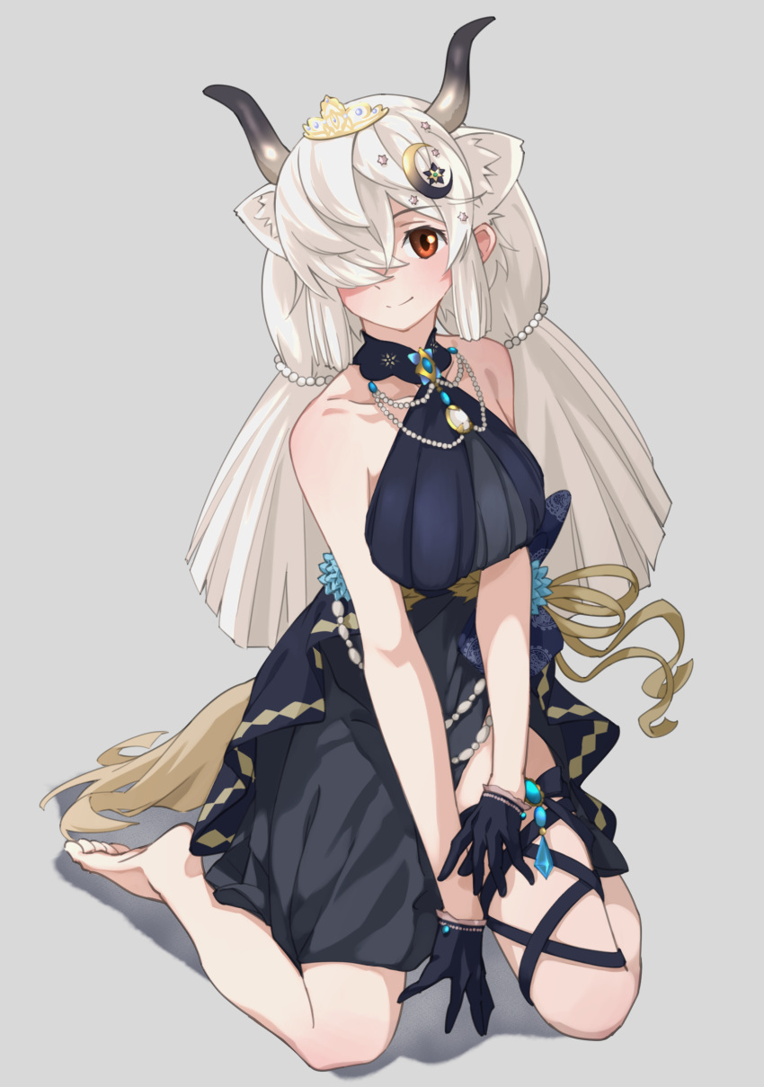 1girl absurdres animal_ear_fluff animal_ears bangs bare_arms bare_shoulders barefoot black_dress black_gloves breasts brown_eyes closed_mouth collarbone crescent crescent_hair_ornament dress extra_ears eyebrows_visible_through_hair full_body gloves grey_background hair_ornament hair_over_one_eye highres horns jewelry kemono_friends kemono_friends_3 kneeling large_breasts long_hair looking_at_viewer low_twintails official_alternate_costume one_eye_covered ox_ears ox_girl ox_horns simple_background sleeveless sleeveless_dress smile solo tail tanabe_(fueisei) tiara twintails white_hair yak_(kemono_friends)