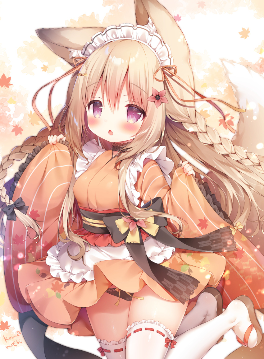 1girl :o animal_ear_fluff animal_ears apron artist_name autumn_leaves bangs black_bow black_panties blush bow braid brown_hair commentary_request eyebrows_visible_through_hair fang flower fox_ears full_body hair_flower hair_ornament hands_up highres japanese_clothes kimono kneeling long_hair long_sleeves looking_at_viewer maid_apron maid_headdress momozu_komamochi obiage obijime open_mouth orange_kimono original panties red_ribbon ribbon sidelocks sleeves_past_wrists solo thigh-highs thighs twin_braids underwear violet_eyes waist_bow white_legwear wide_sleeves zouri