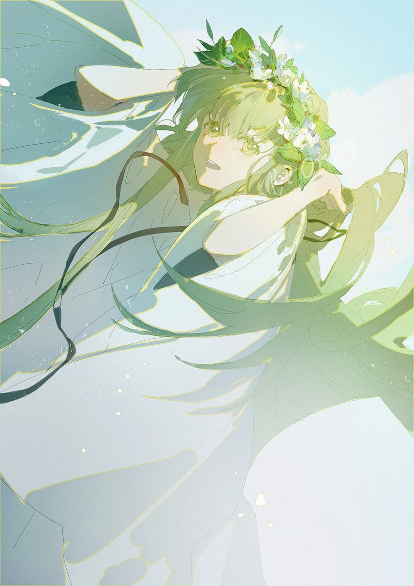 1other ambiguous_gender androgynous bangs btong54240 chinese_commentary chinese_text enkidu_(fate) fate/grand_order fate/strange_fake fate_(series) feather_boa flower green_eyes green_hair hair_flower hair_ornament hands_up head_wreath highres light long_hair looking_at_viewer robe sky smile solo toga type-moon upper_body very_long_hair wreath