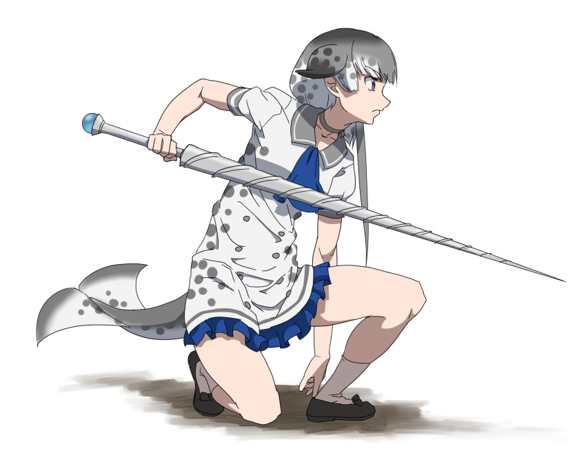 1girl ascot blue_ascot blue_eyes blue_footwear choker dolphin_tail dress drillhorn_sword frilled_dress frills full_body grey_hair highres kemono_friends multicolored_hair narwhal_(kemono_friends) one_knee profile puffy_short_sleeves puffy_sleeves sailor_collar sailor_dress serious shoes short_sleeves simple_background socks solo tail tanabe_(fueisei) weapon white_background white_legwear